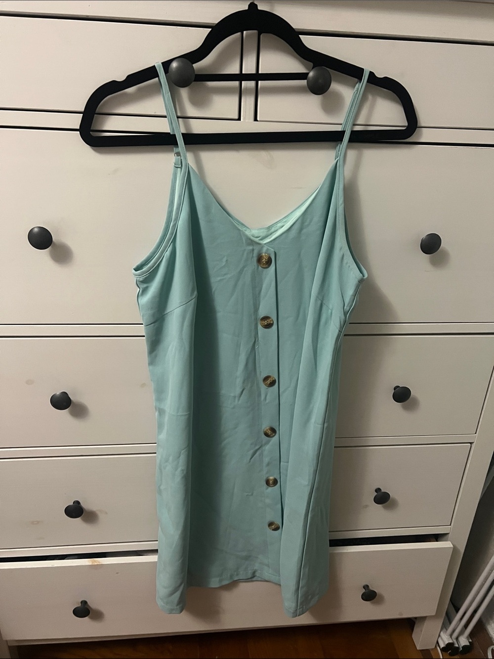 Light Aqua Button-Front Spaghetti Strap Dress